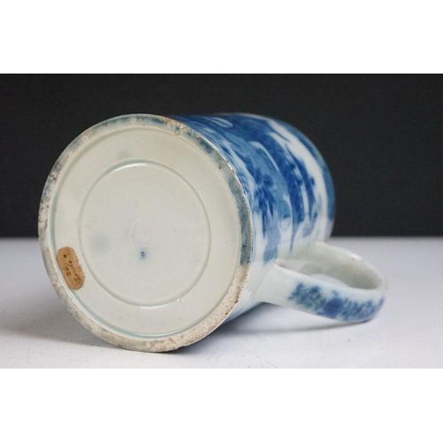 59 - Four 19th century blue & white printed ceramic tankards, featuring early 19th century and Willow pat... 