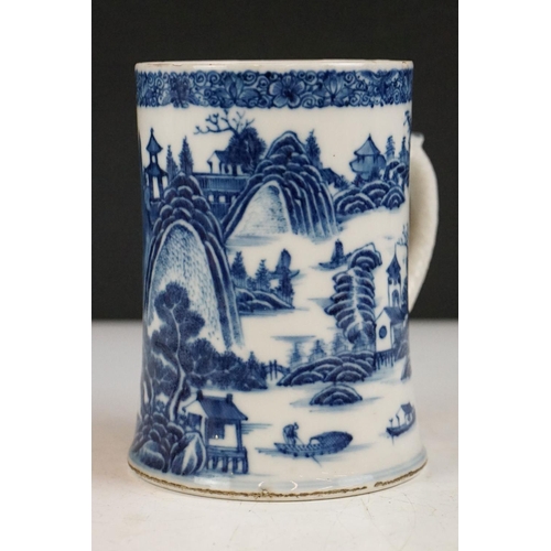 59 - Four 19th century blue & white printed ceramic tankards, featuring early 19th century and Willow pat... 