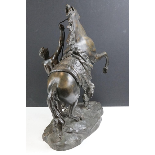 7 - After Guillaume Coustou I - A pair of patinated bronze ' Marley Horse' sculptures featuring rearing ... 