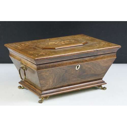 8 - Early 20th Century satinwood inlaid casket box having a hinged lid, with tapering body raised on paw... 