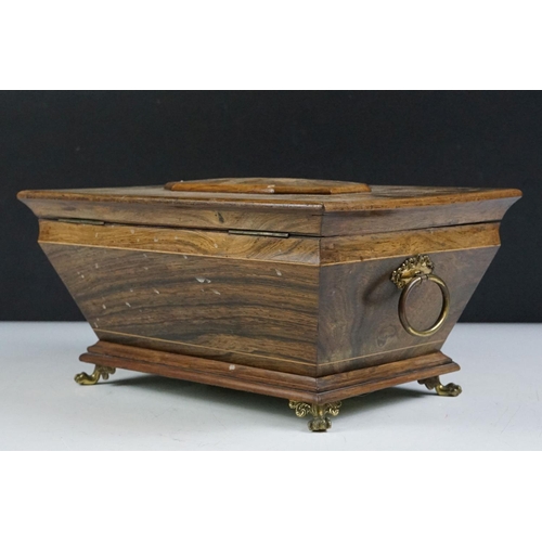 8 - Early 20th Century satinwood inlaid casket box having a hinged lid, with tapering body raised on paw... 