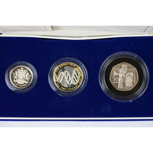 594 - A Royal Mint United Kingdom 2003 silver proof Piedfort three coin set to include 50p, £1 & £2 coins,... 