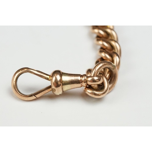 212 - 9ct rose gold graduated curb link Albert chain, 9ct rose gold dog clip, 9ct rose gold t bar, 9ct ros... 