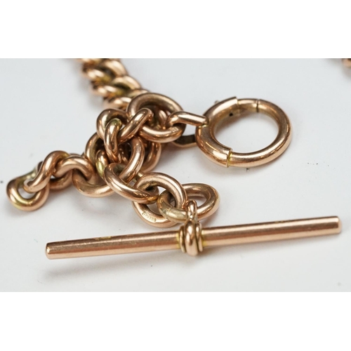 212 - 9ct rose gold graduated curb link Albert chain, 9ct rose gold dog clip, 9ct rose gold t bar, 9ct ros... 