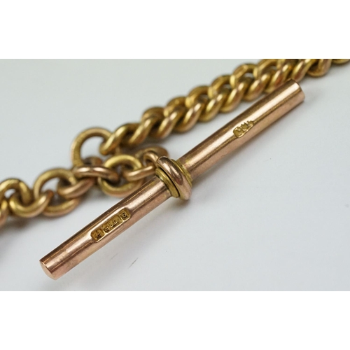 212A - 9ct gold graduated curb link Albert chain, each link hallmarked, 9ct gold dog clip, 9ct gold t bar, ... 