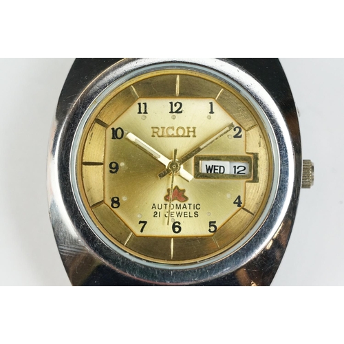 264 - Ricoh Automatic stainless steel gents wristwatch, date aperture, gold-coloured dial, Arabic numerals... 