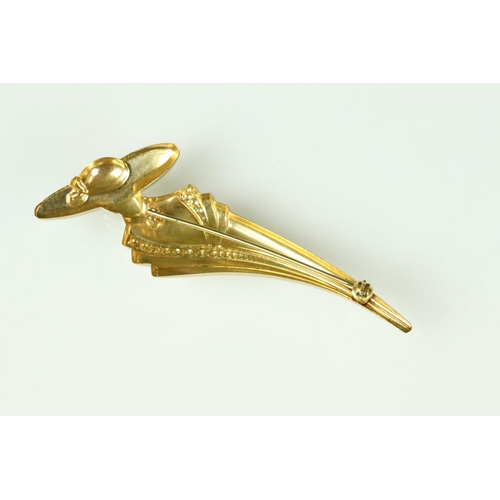 109A - 9ct gold hallmarked brooch in the form of a stylised suited figure in a hat. Import marked Birmingha... 