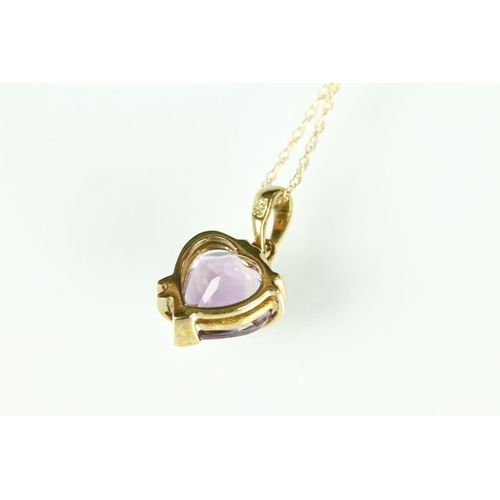 208 - Amethyst 9ct yellow gold pendant necklace, heart shaped mixed cut amethyst claw and cage set, fine l... 