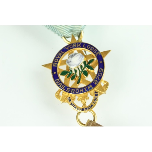 81A - Masonic enamelled 9ct yellow gold medal with ribbon, Royal York Lodge Nailsworth 2709, enamelled whi... 