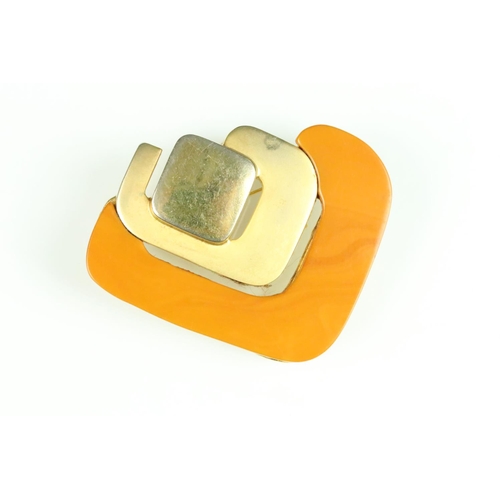 85A - Christian Dior modernist style brooch having concentric square on an amber coloured panel. Signed to... 