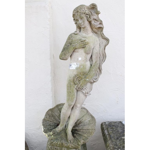 272 - Reconstituted stone statue of a nude maiden stood upon a shell, raised on a square pedestal base. Me... 