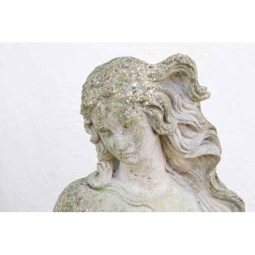 272 - Reconstituted stone statue of a nude maiden stood upon a shell, raised on a square pedestal base. Me... 