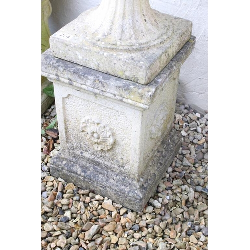 274 - Pair of reconstituted stone garden urns of campana form, with relief facial mask decoration and gadr... 