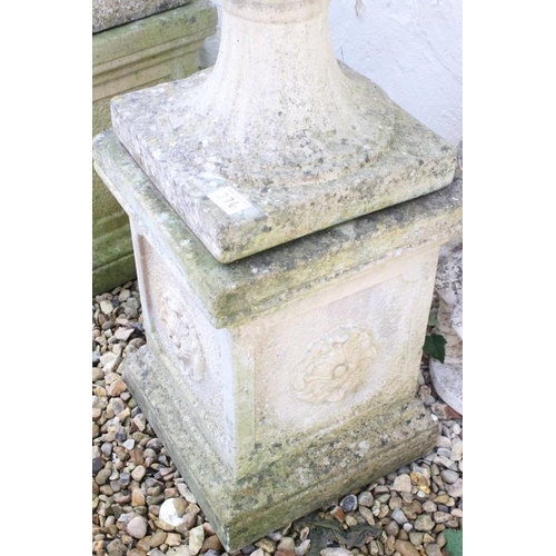 276 - Pair of reconstituted stone garden urns of campana form, with relief facial mask decoration and gadr... 