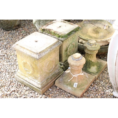284 - Pair of reconstituted stone bird baths with gadrooned decoration (approx 57cm diameter) with square ... 