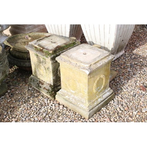 284 - Pair of reconstituted stone bird baths with gadrooned decoration (approx 57cm diameter) with square ... 