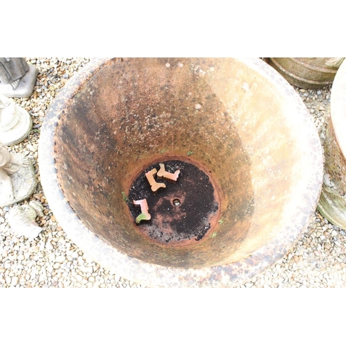 288 - Pair of large terracotta planters, of tapering circular form, with relief garland decoration, each w... 
