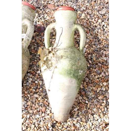 291 - Set of three terracotta twin-handled urns, of typical form (approx 60cm high)
