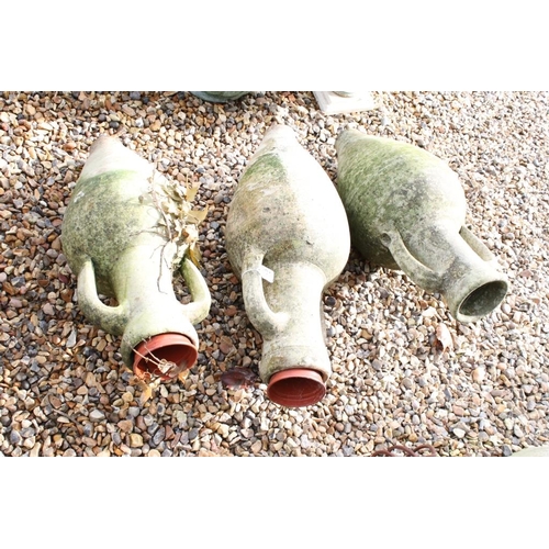 291 - Set of three terracotta twin-handled urns, of typical form (approx 60cm high)