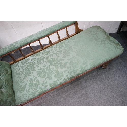 292 - Victorian Walnut Framed Chaise-lounge with green button back upholstery, raised on turned legs with ... 