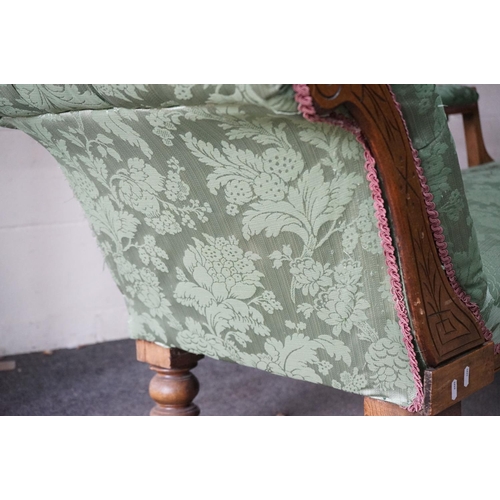 292 - Victorian Walnut Framed Chaise-lounge with green button back upholstery, raised on turned legs with ... 