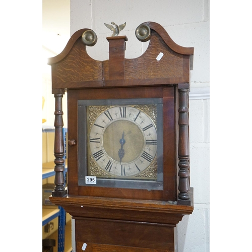 295 - 18th century Oak and Mahogany Longcase Clock, with swan break neck pediment, the square hood holding... 