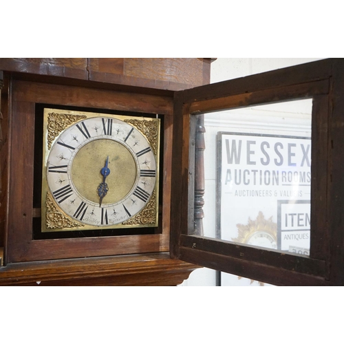 295 - 18th century Oak and Mahogany Longcase Clock, with swan break neck pediment, the square hood holding... 