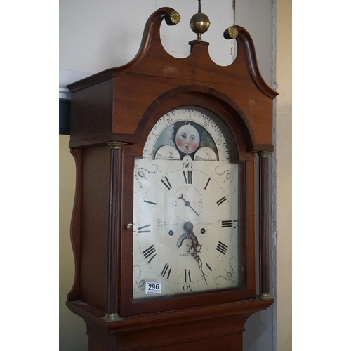 296 - 19th century Mahogany Longcase Clock, Wasbrough Duggan St. Bristol, with swan break neck pediment, t... 
