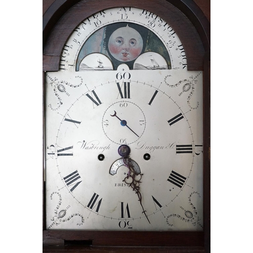 296 - 19th century Mahogany Longcase Clock, Wasbrough Duggan St. Bristol, with swan break neck pediment, t... 