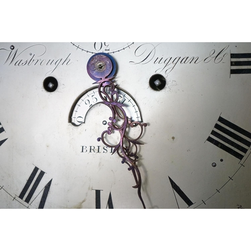 296 - 19th century Mahogany Longcase Clock, Wasbrough Duggan St. Bristol, with swan break neck pediment, t... 