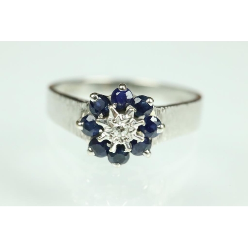 121A - Diamond and sapphire 18ct white gold cluster ring, small round eight cut diamond to centre, sapphire... 