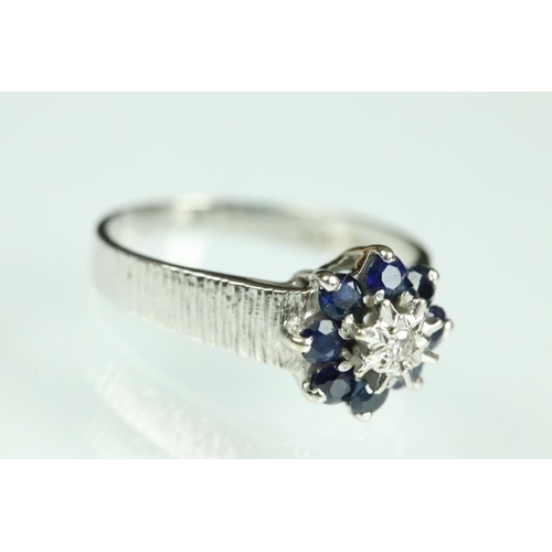 121A - Diamond and sapphire 18ct white gold cluster ring, small round eight cut diamond to centre, sapphire... 