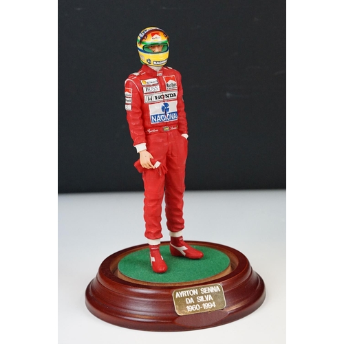 1037 - Cased Sean Mills Ayrton Senna model figure in glass dome and wooden base, vg