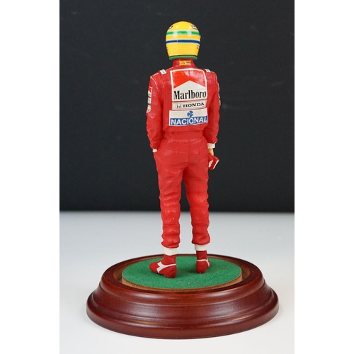 1037 - Cased Sean Mills Ayrton Senna model figure in glass dome and wooden base, vg