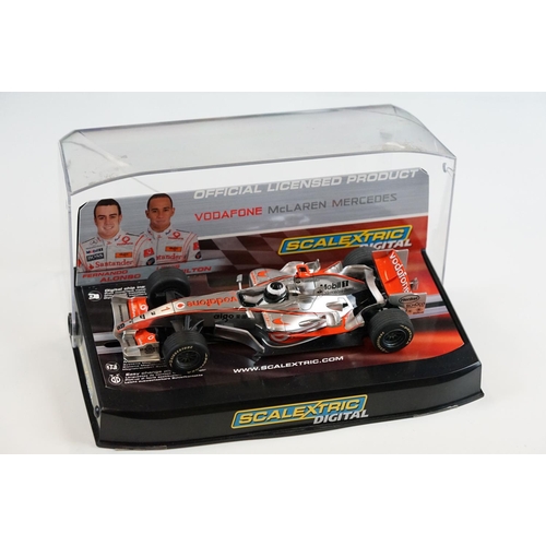 1054 - Three cased / boxed Scalextric Digital F1 slot cars to include C2676D Ferrari F2004 No1, C2715D Hond... 