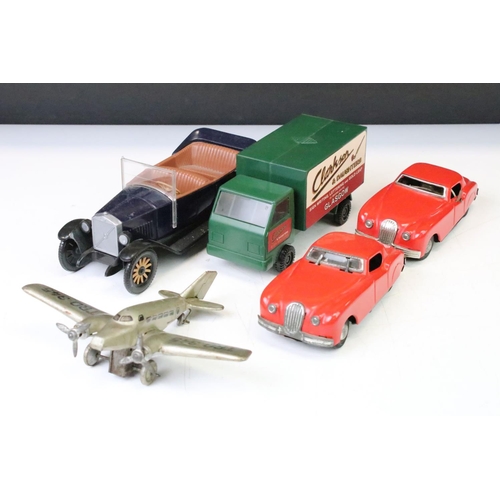 1266 - Five tin plate & plastic models to include 1930/40s Hammerer & Kuhlwein TRO345 plane, Japanese batte... 