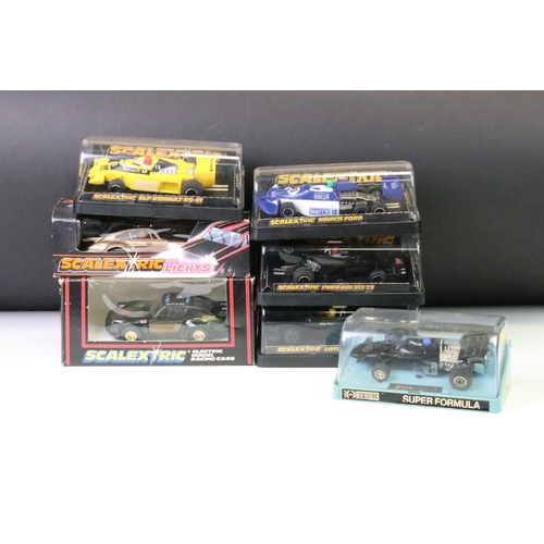 1275 - Seven boxed / cased Scalextric slot cars to include C289 Porsche With Lights - Gold, C125 Porsche (s... 