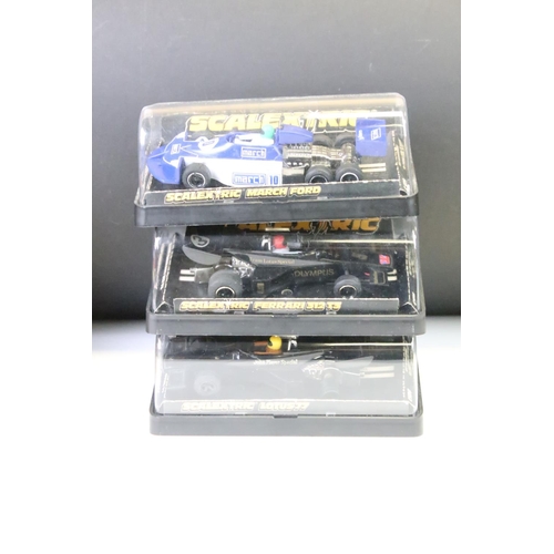 1275 - Seven boxed / cased Scalextric slot cars to include C289 Porsche With Lights - Gold, C125 Porsche (s... 