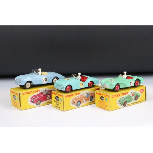 1495 - Three boxed Dinky diecast models to include 107 Sunbeam Alpine Sports in pale blue, 110 Aston Martin... 