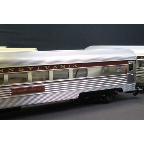 163 - Five Aristo Craft G scale streamline Pennsylvania passenger coaches 'Benjamin Franklin, Sinnemahonin... 