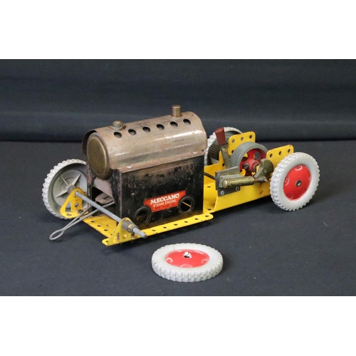 193 - Three scratch built models using Meccano to include steam engine, crane and car/vehicle with Mamod b... 