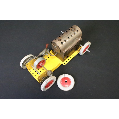 193 - Three scratch built models using Meccano to include steam engine, crane and car/vehicle with Mamod b... 