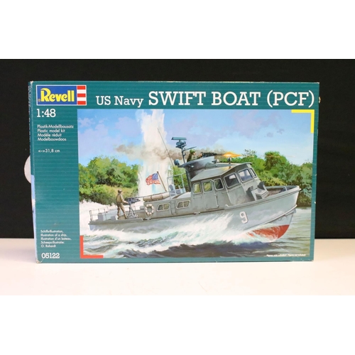 333 - Three boxed and unbuilt plastic model kits to include 2 x Revell (1/48 05122 Swift Boat PCF & 1/350 ... 