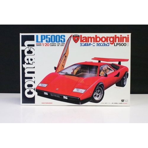 334 - Four boxed ARII 1/20 plastic model car kits to include AR63A Countach Lamborghini LP500S, AR63B Ferr... 