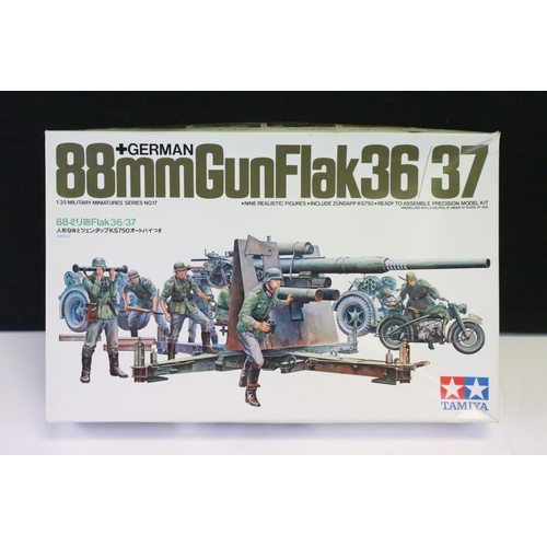 335 - Two boxed Tamiya 1/35 scale 88mm Gun Flak36/37 military plastic model kits to include 35017 and MM11... 