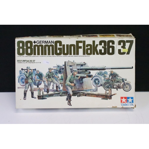 335 - Two boxed Tamiya 1/35 scale 88mm Gun Flak36/37 military plastic model kits to include 35017 and MM11... 