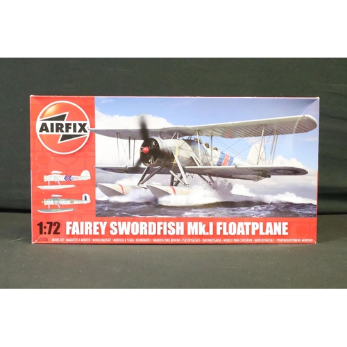 342 - 12 Boxed & unbuilt Airfix plastic model kits, mostly aircraft kits, to include A05101 BAe Sea Harrie... 