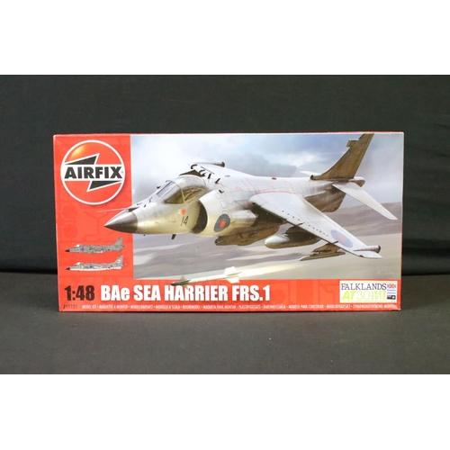 342 - 12 Boxed & unbuilt Airfix plastic model kits, mostly aircraft kits, to include A05101 BAe Sea Harrie... 