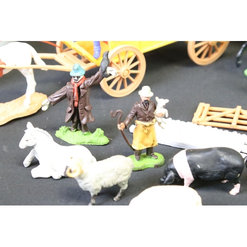 351 - Collection of plastic figures & accessories, mostly farming related, to include a riding stable, qua... 