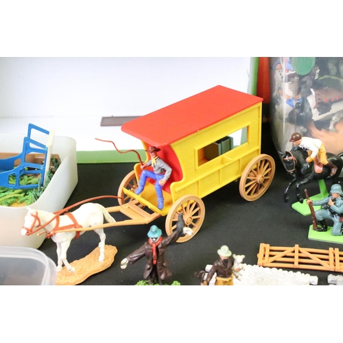 351 - Collection of plastic figures & accessories, mostly farming related, to include a riding stable, qua... 